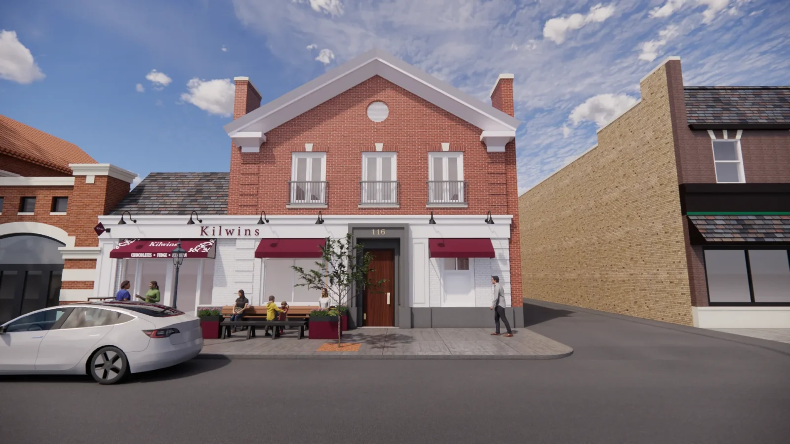 Rendering of 116 S. Prospect Façade Upgrade, a painted white storefront base with a reframed wood entry door, grey surround and burgundy awnings below red brick.