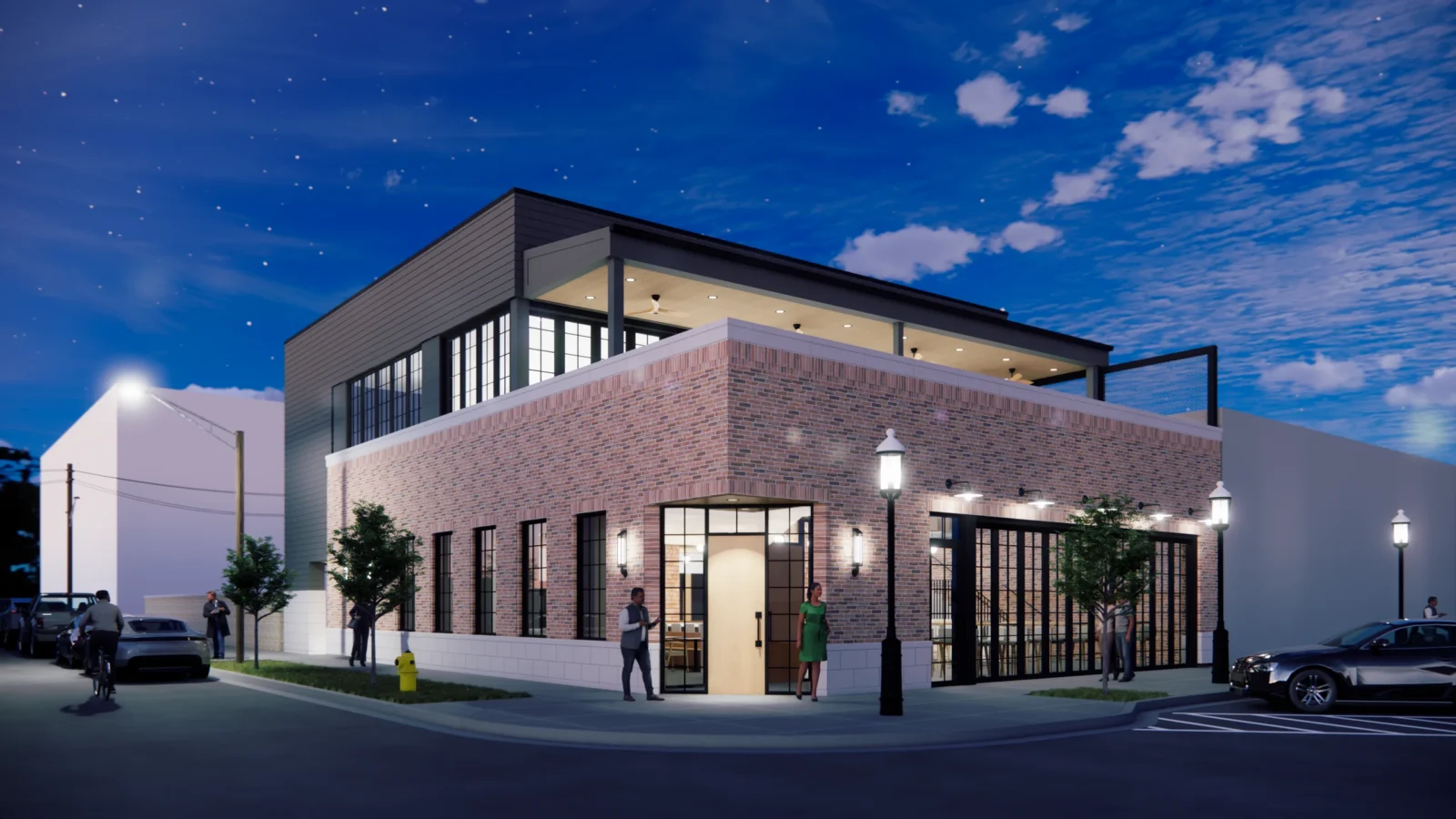Rendering of 42 Main at dusk, a brick corner restaurant with a lit wood entry door, black steel storefronts and a glazed second-floor dining level.