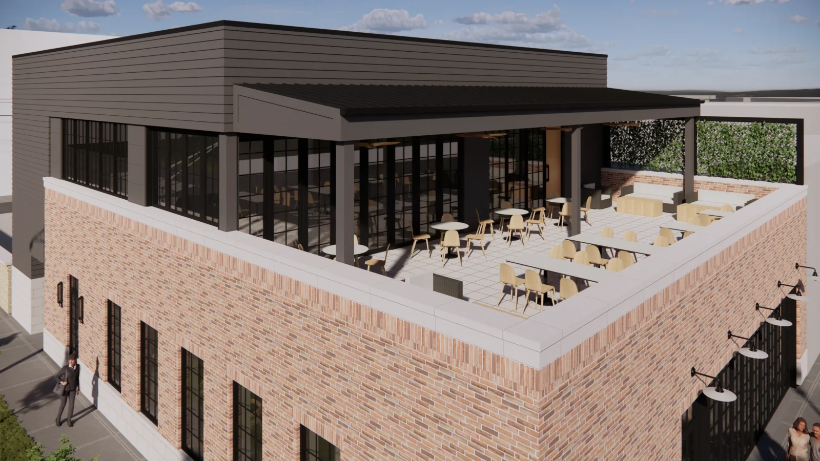 Rendering of the rooftop terrace, wood tables set behind the brick parapet under a steel canopy, with a green wall and folding glass doors.