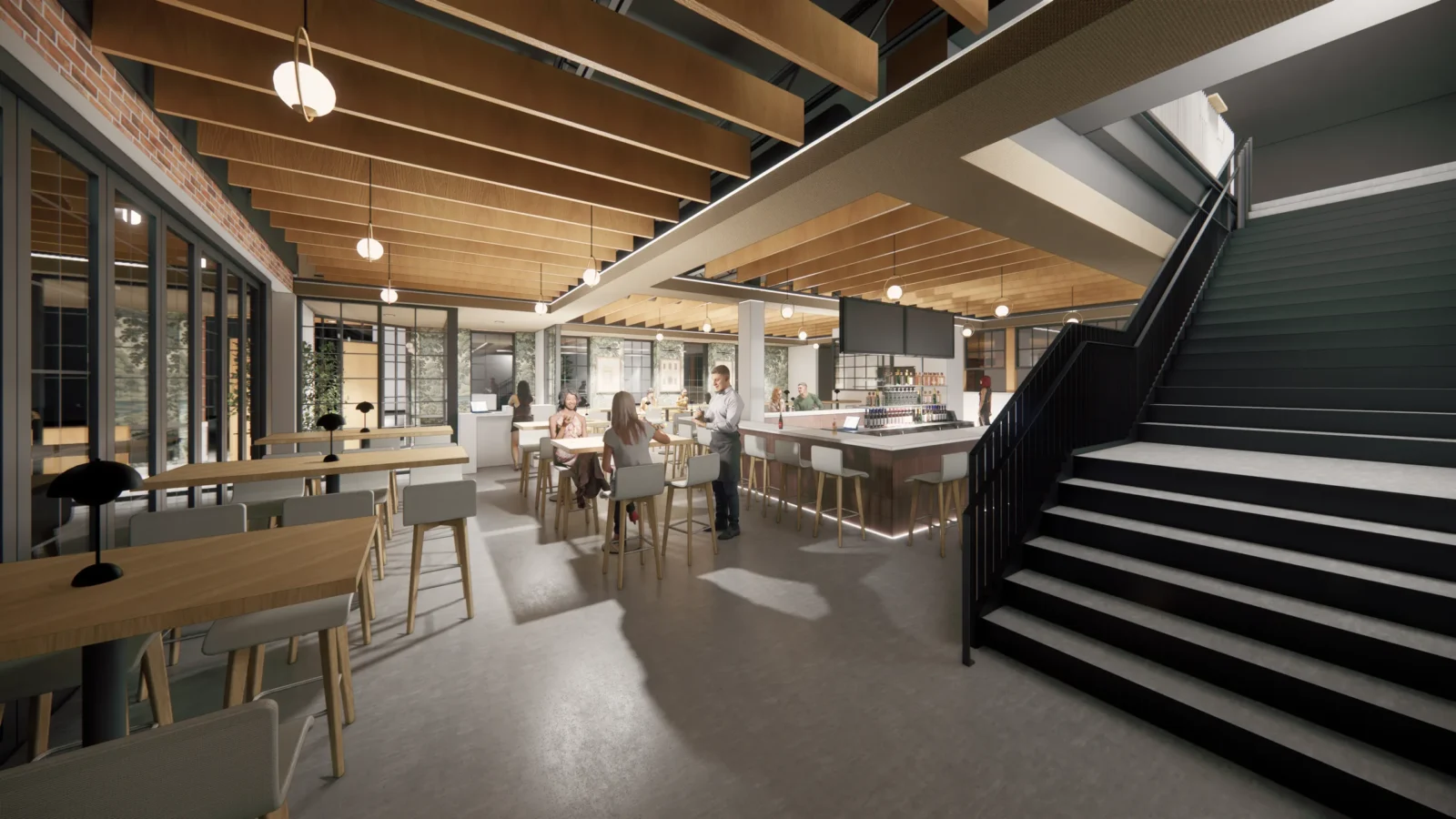 Rendering of the main dining room, with exposed wood joists, globe pendants, a lit island bar and a black steel stair to the upper floor.