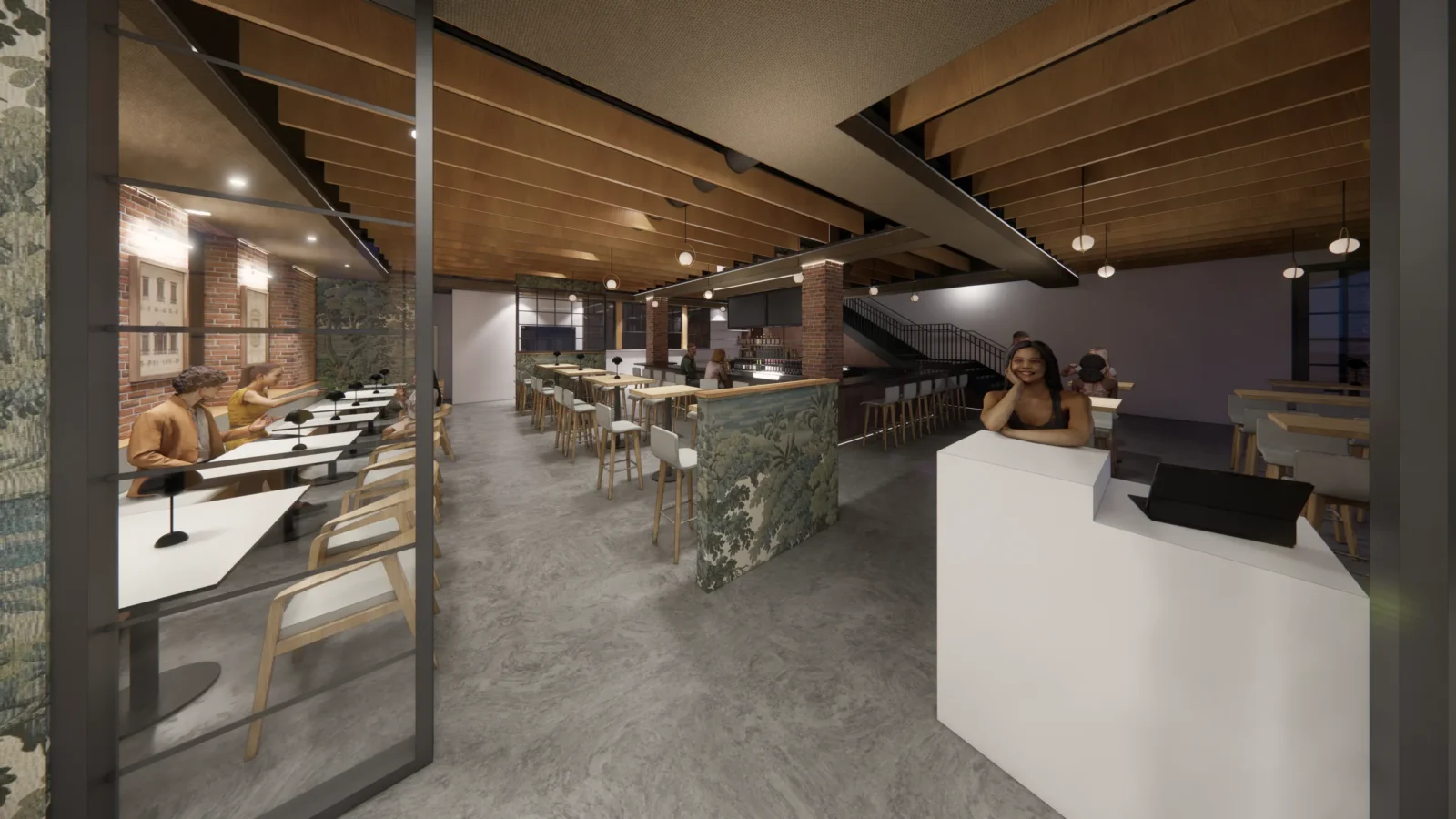 Rendering of the host stand at the entry, looking past botanical wallpaper and window booths into the bar and dining room.