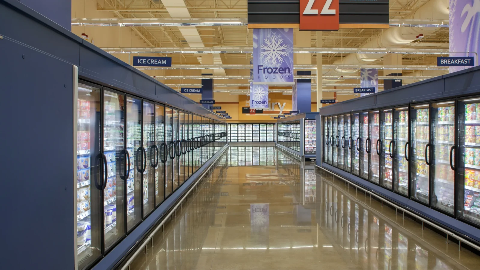 A long frozen-food aisle lined with glass-door freezers on both sides under a bright, open ceiling.
