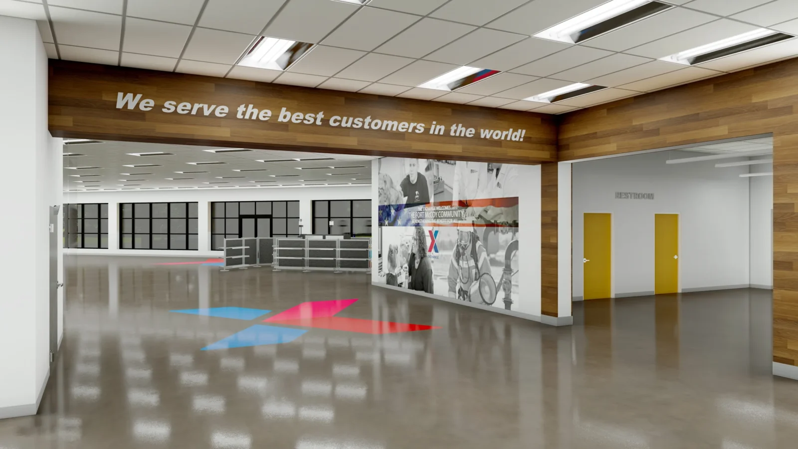 Rendering of the Fort McCoy Exchange entry, a wood-clad header reading We serve the best customers in the world! over a community photo mural and polished concrete.