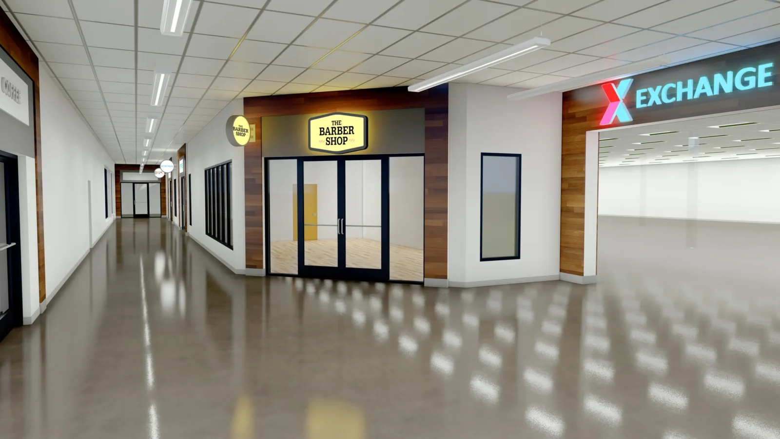 Rendering of the mall corridor with a wood-framed Barber Shop storefront beside the illuminated Exchange entrance sign.