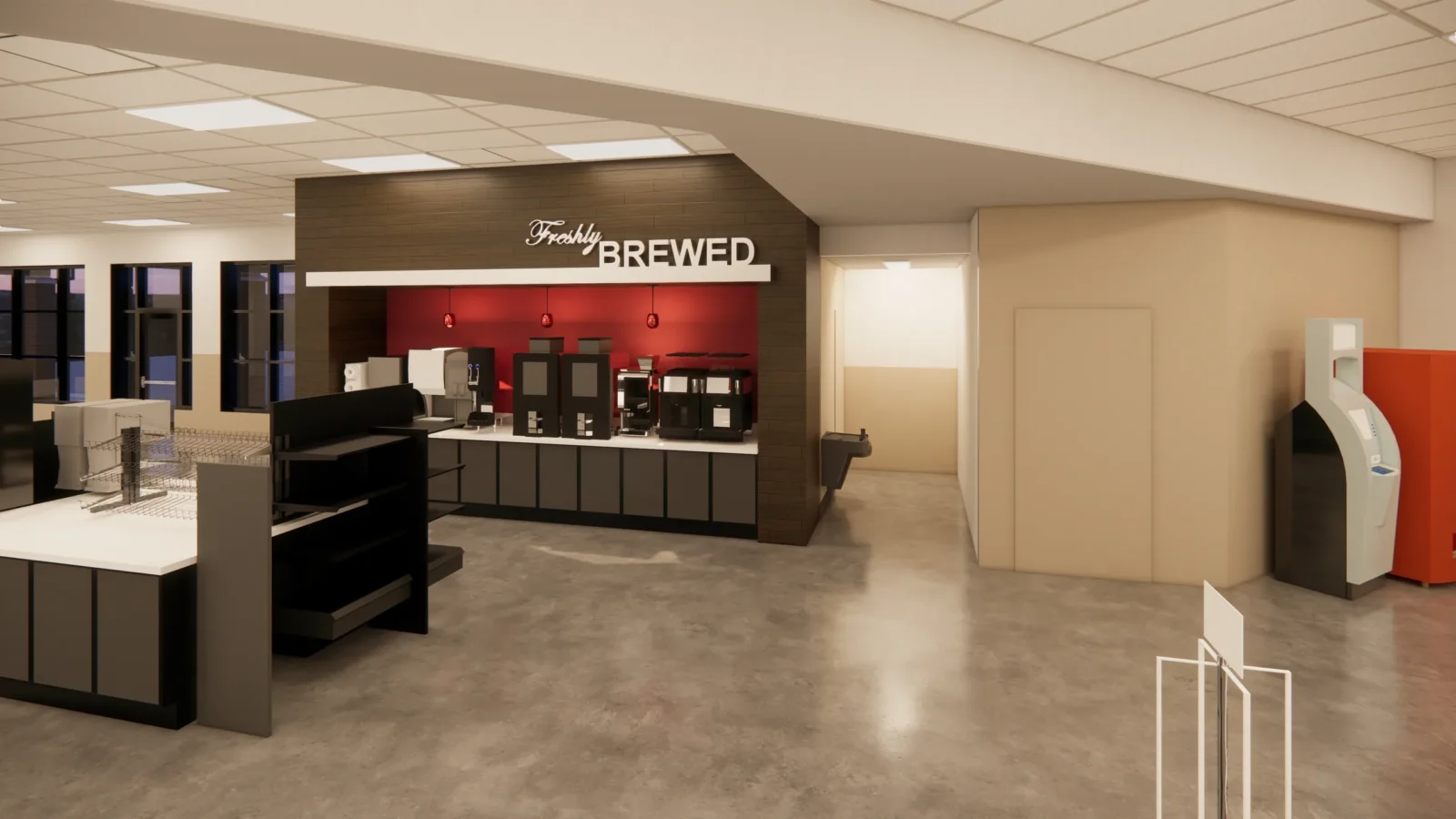 Rendering of the Freshly Brewed coffee bar, a dark wood-look enclosure with a red backsplash, pendant lights and beverage machines on a white counter.
