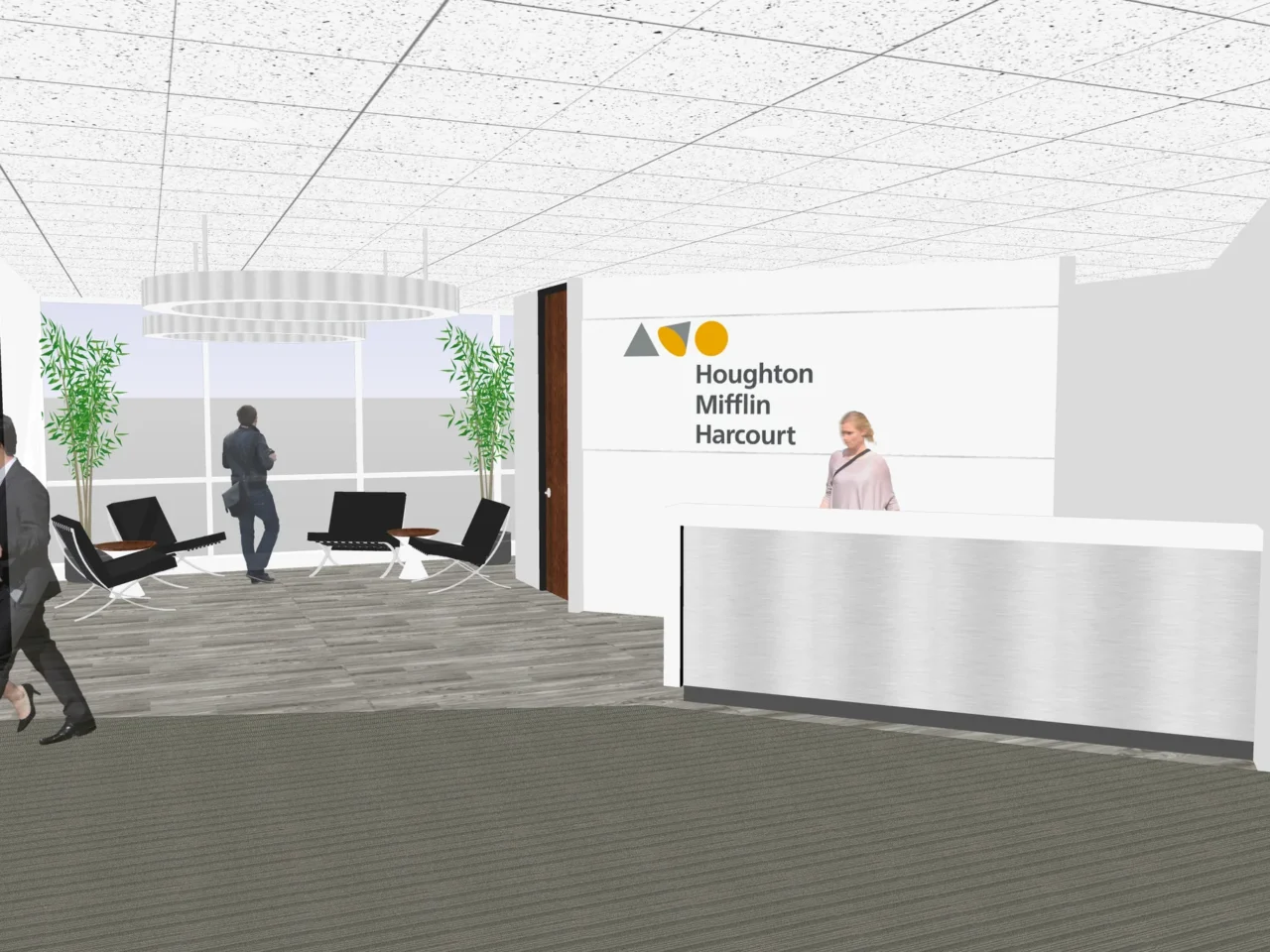 Rendering of Houghton Mifflin Harcourt's reception, a brushed-metal desk before a white logo wall, with a lounge and ring pendant light by the windows.