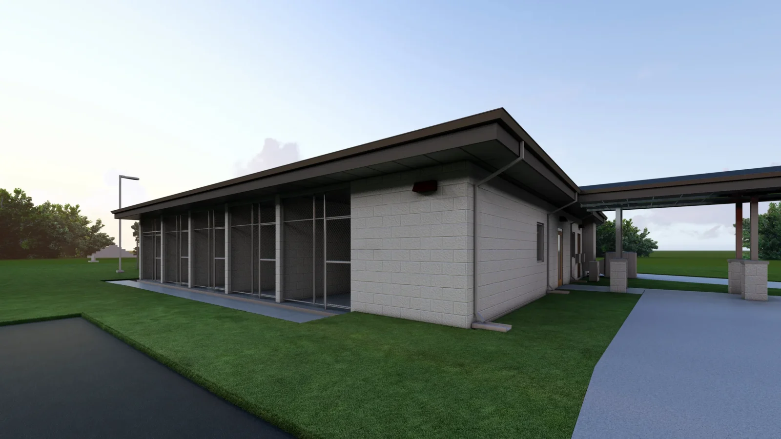 Rendering of the MCLB Albany Military Working Dog facility kennel wing: open-mesh kennel runs under a deep overhang beside a split-face block wall.
