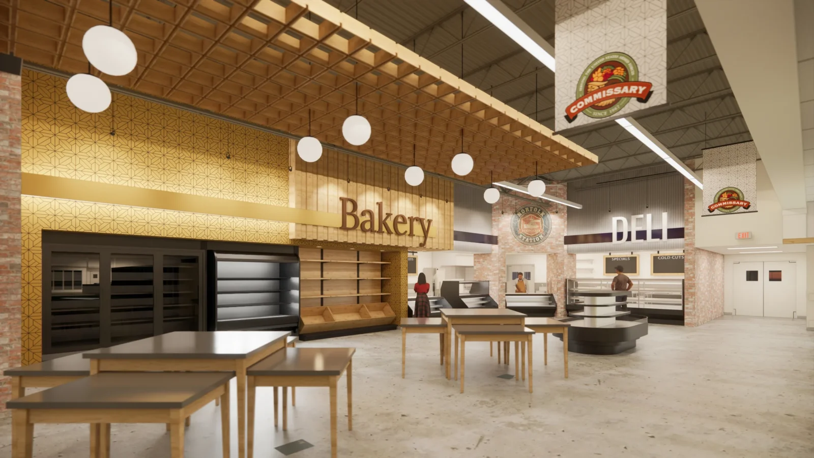 Rendering of the NAVSTA Norfolk Commissary bakery and deli: a wood lattice canopy with globe pendants over the bakery cases, and the brick Norfolk Station deli wall beyond.