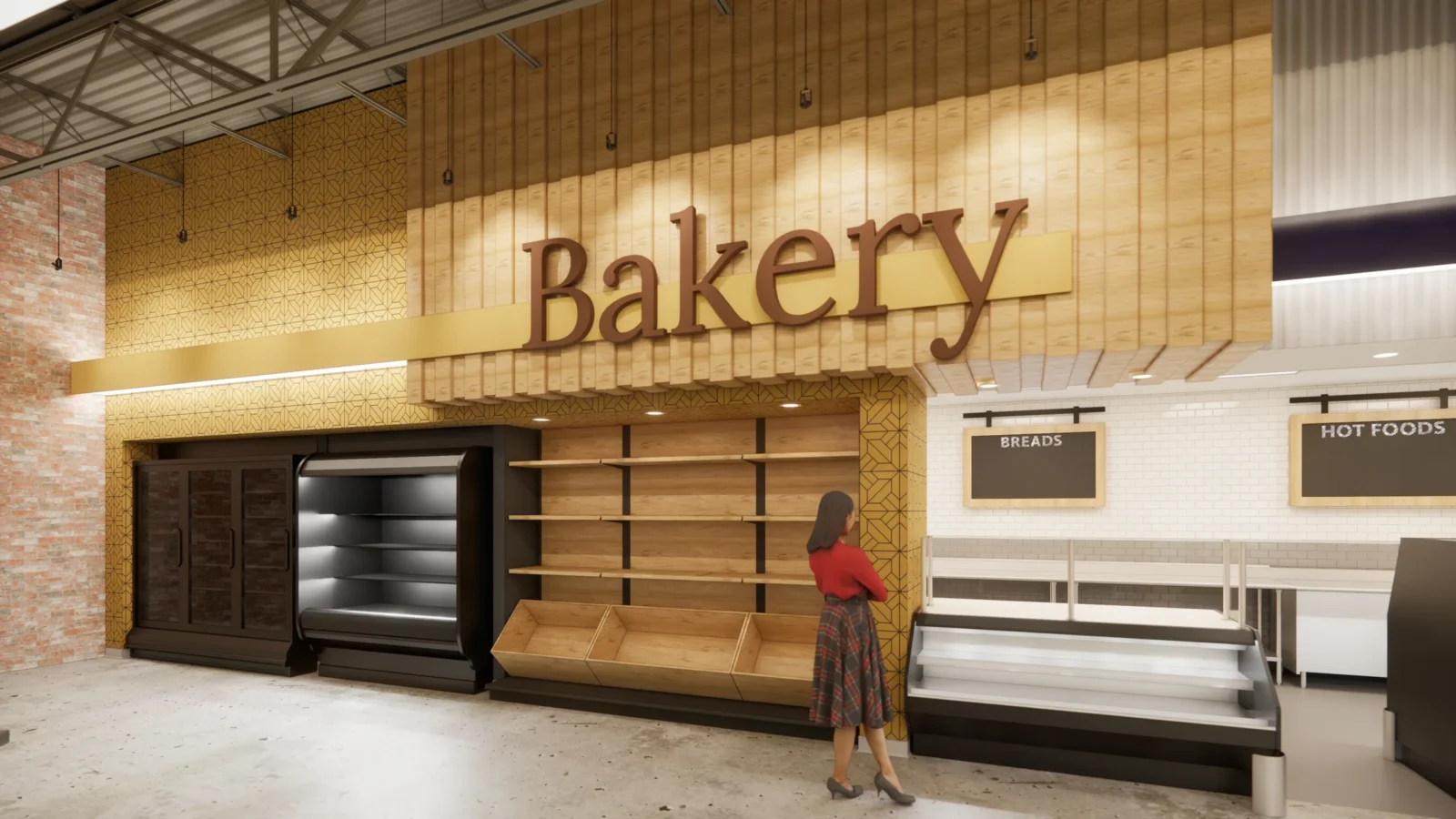 Rendering of the bakery: a tall wood-slat wall with carved Bakery lettering over bread racks and a lit case.