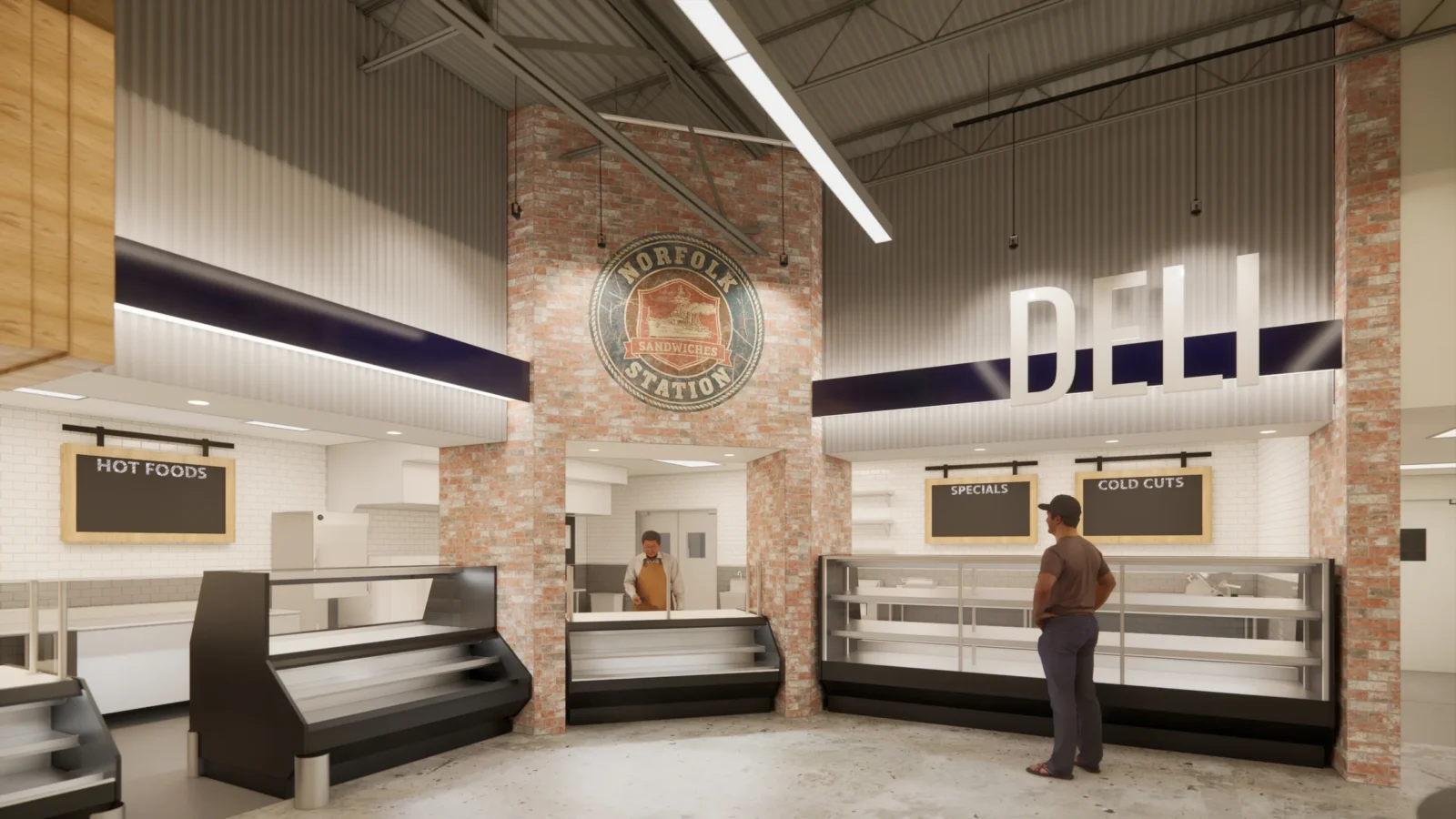 Rendering of the deli counter: service cases beneath a Deli band and chalkboard menus, beside a brick column with the Norfolk Station emblem.