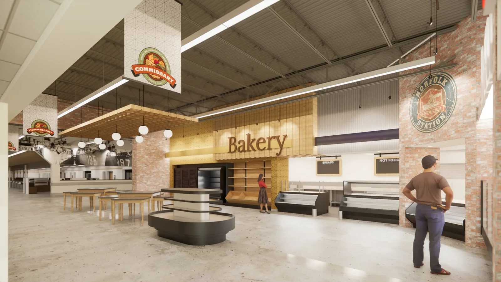 Rendering of the bakery and deli seen from the side aisle, with the lattice canopy, a round merchandising table and the brick emblem column.