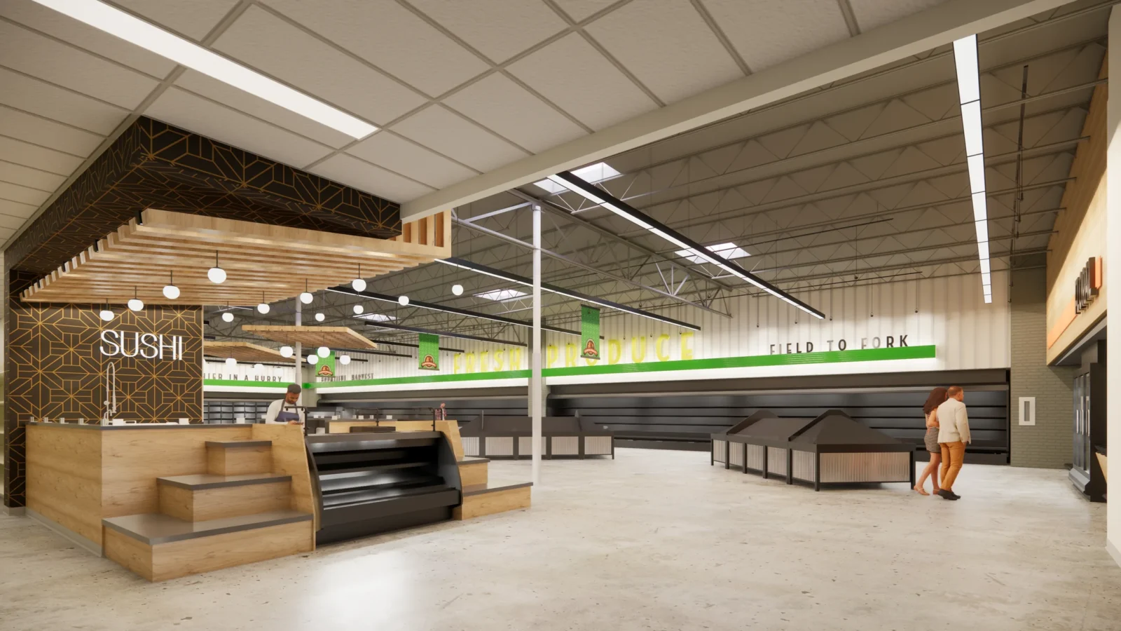 Rendering of the sushi counter, a wood-slat pavilion under a lattice canopy, opening onto the produce department's Field to Fork wall.