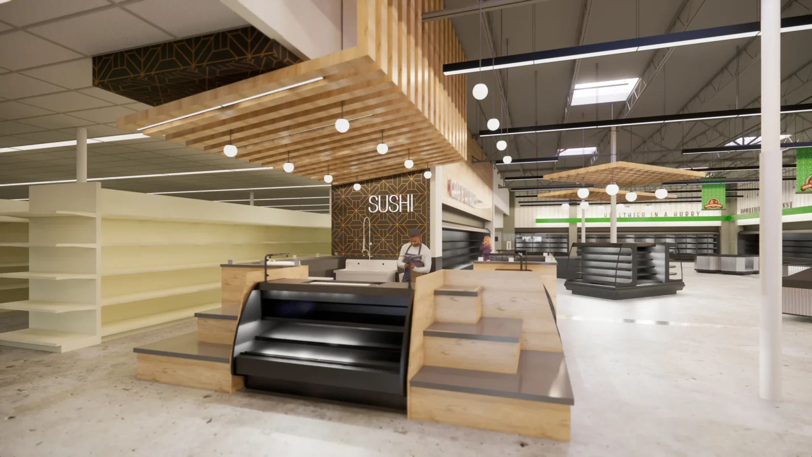 Rendering of the sushi counter up close: a stepped wood display base, a curved service case and a patterned screen carrying the Sushi sign.