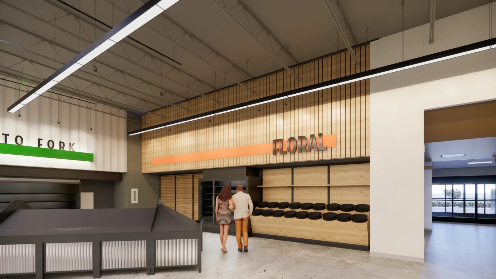 Rendering of the floral department: a warm wood-slat wall with an orange Floral band above flower displays and tables.