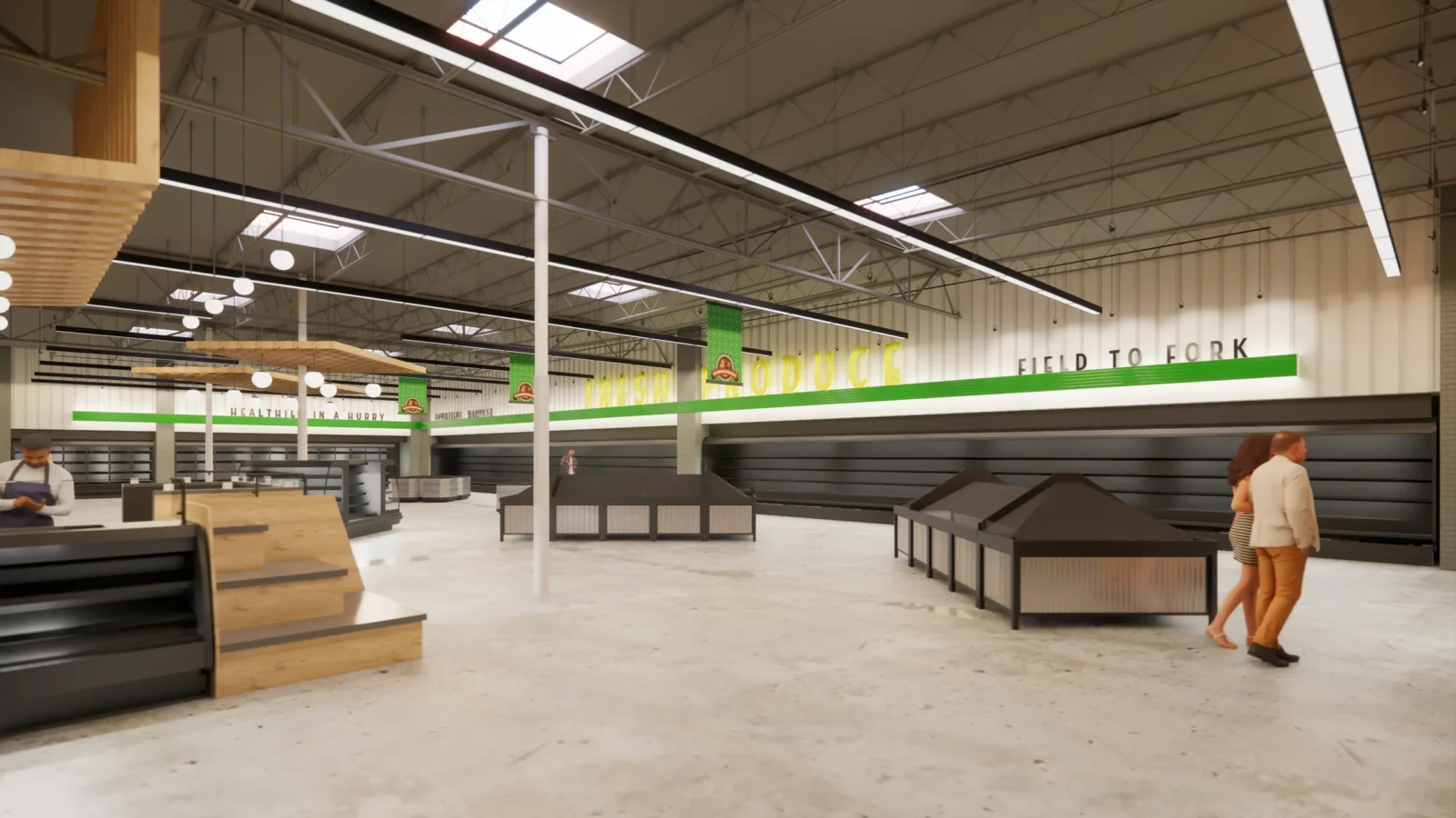 Rendering of the produce department: wood-framed display islands under a green Field to Fork band running the length of the perimeter cases.
