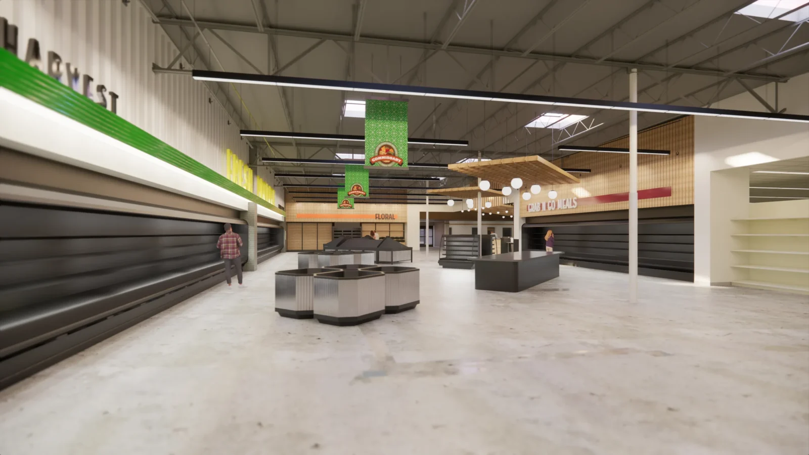 Rendering of the produce perimeter: refrigerated cases along a Harvest wall, with self-service islands down the centre of the department.