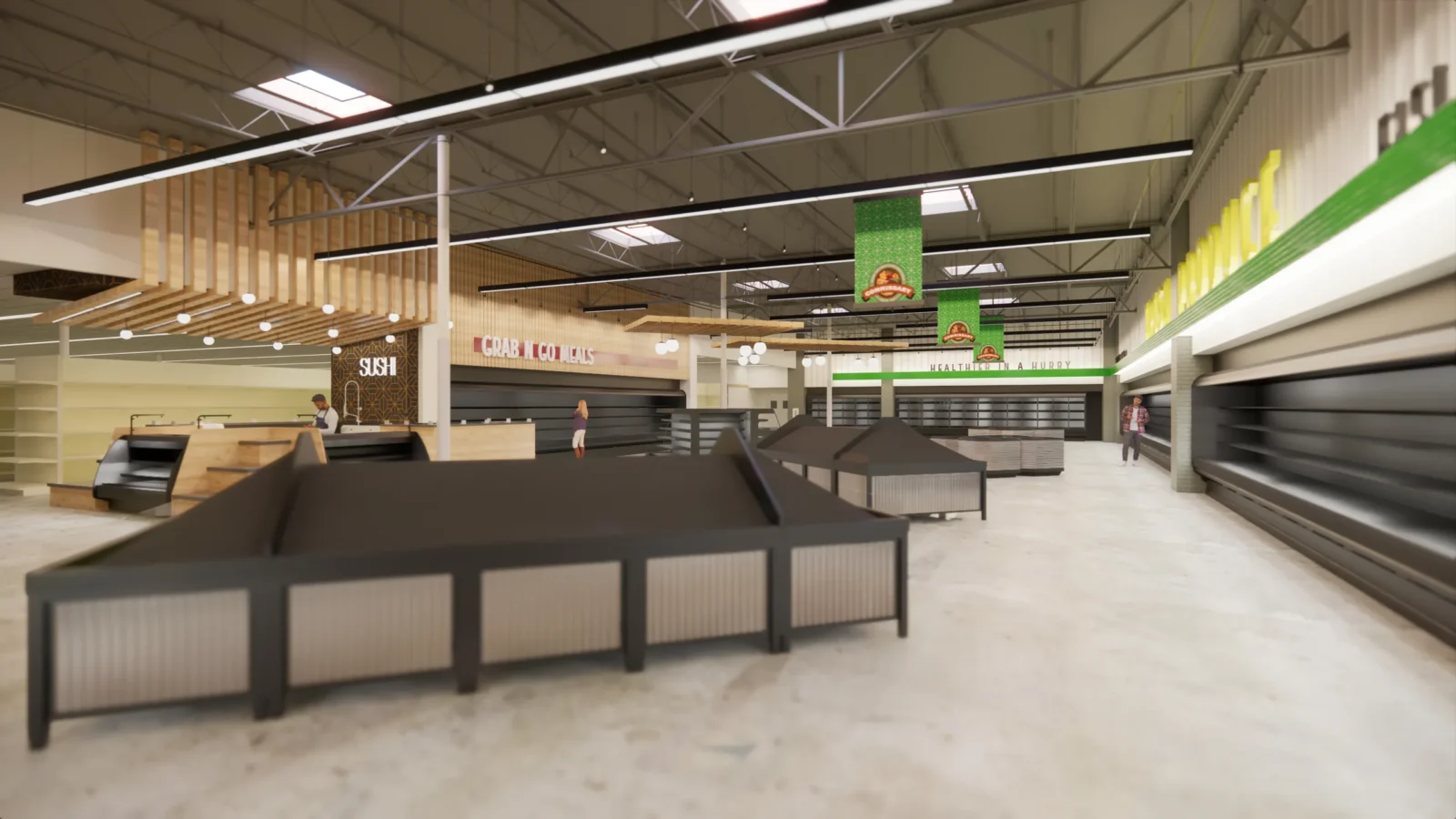 Rendering of the produce islands: angled wood-and-metal display tables set out across the open sales floor.