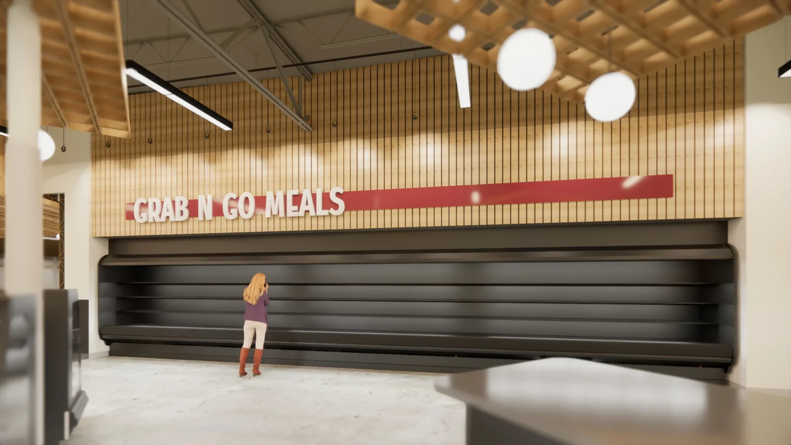 Rendering of the Grab N Go Meals wall: a long run of open refrigerated cases beneath a wood-slat fascia and red lettering.