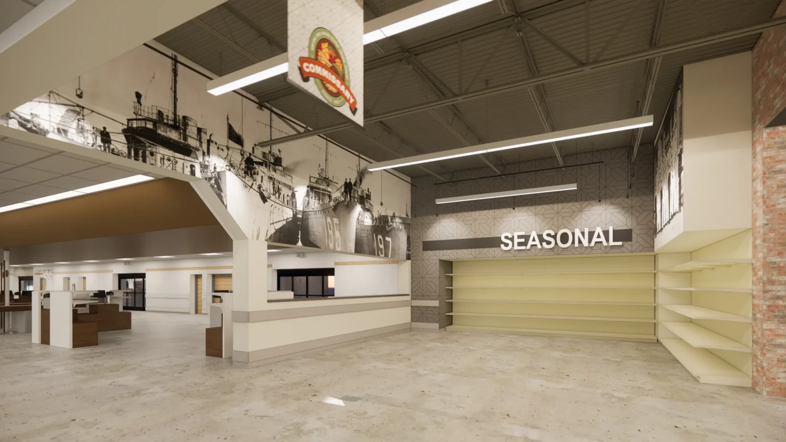 Rendering of the seasonal aisle, with a naval ship mural running along the wall above the Seasonal shelving.