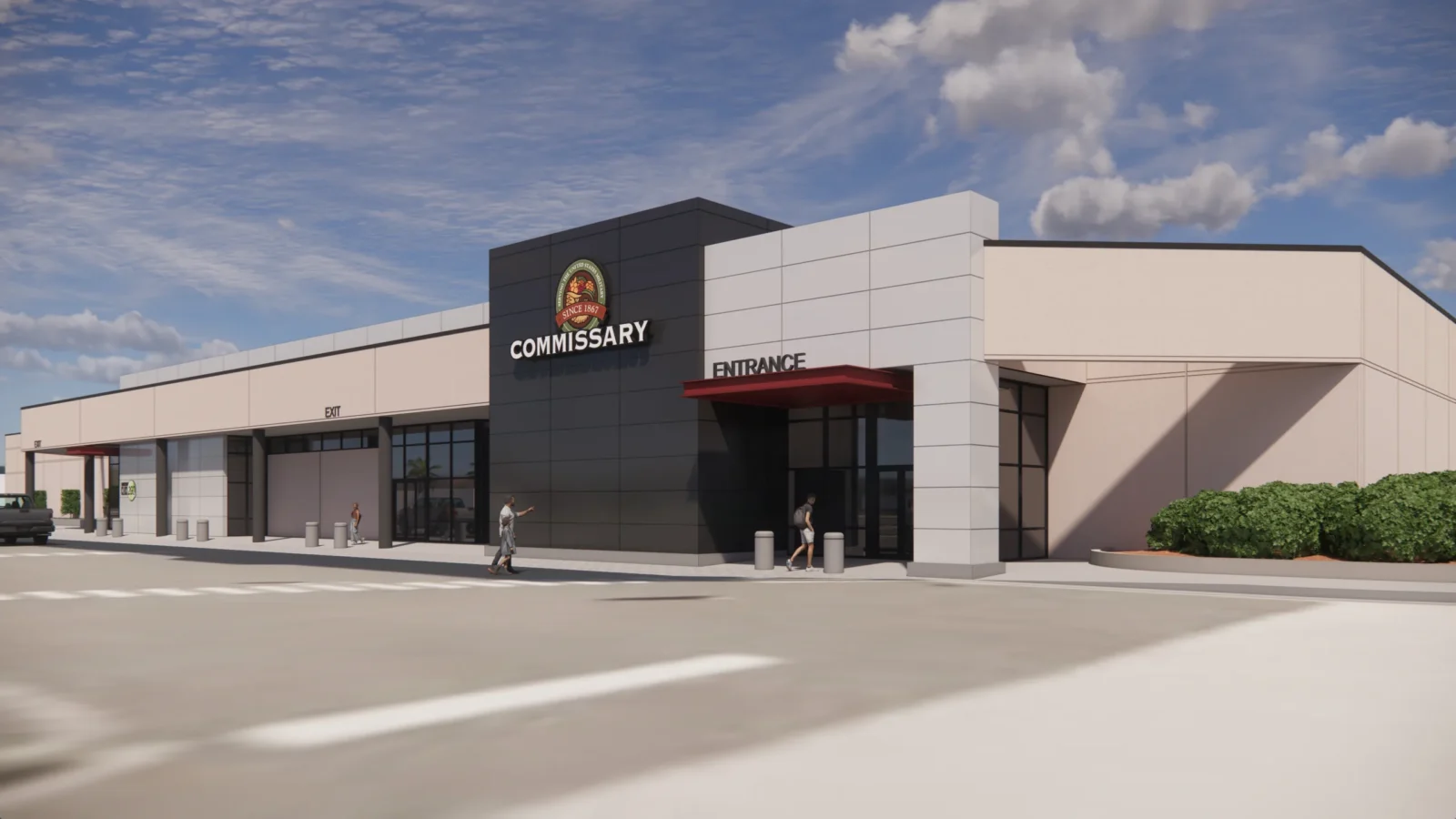 Rendering of the Patrick SFB Commissary refreshed front, a dark metal-panel sign tower with the Commissary emblem beside a light panel entry with a red canopy.