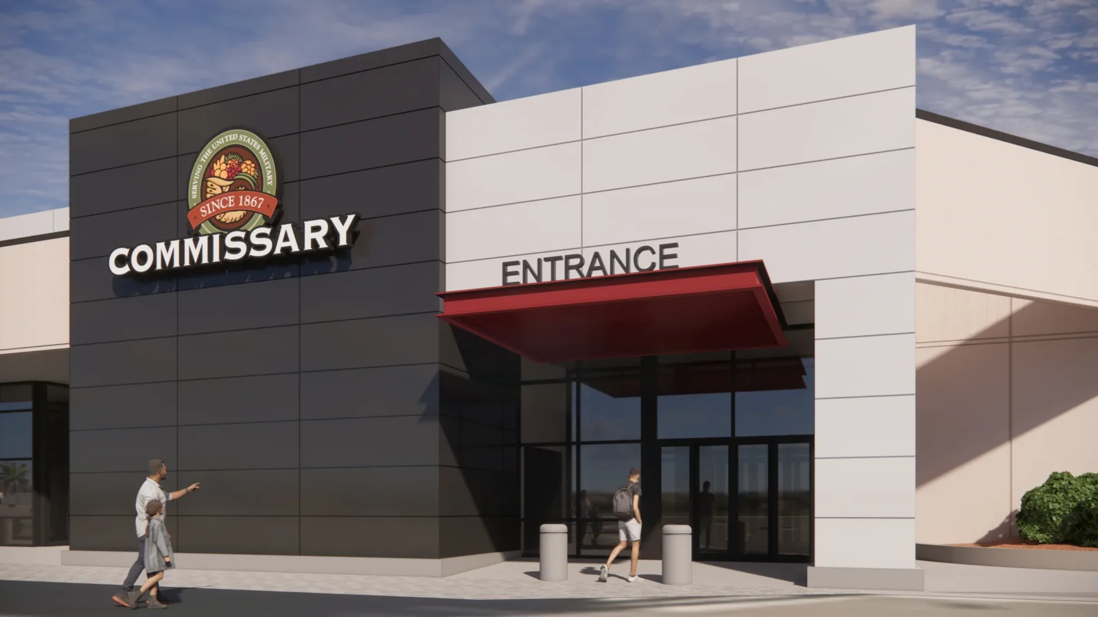Rendering of the new entrance, a red metal canopy under Entrance lettering on light panels, next to the dark sign tower with the DeCA emblem.