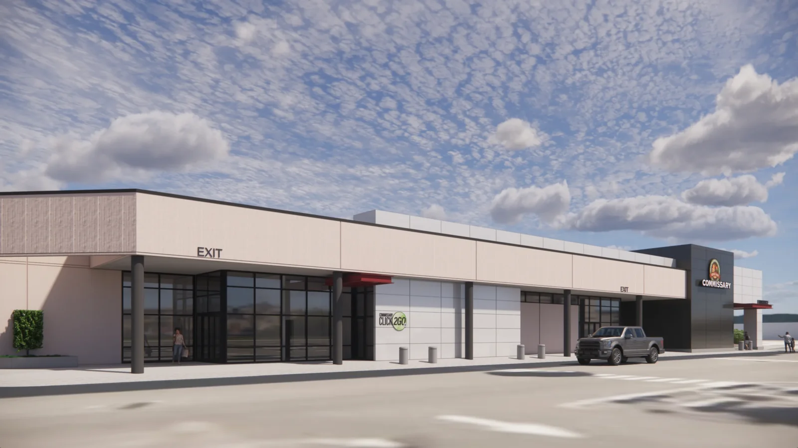Rendering of the long storefront, with a glazed exit vestibule, red canopy and a Commissary Click2Go pickup wall under a continuous fascia.